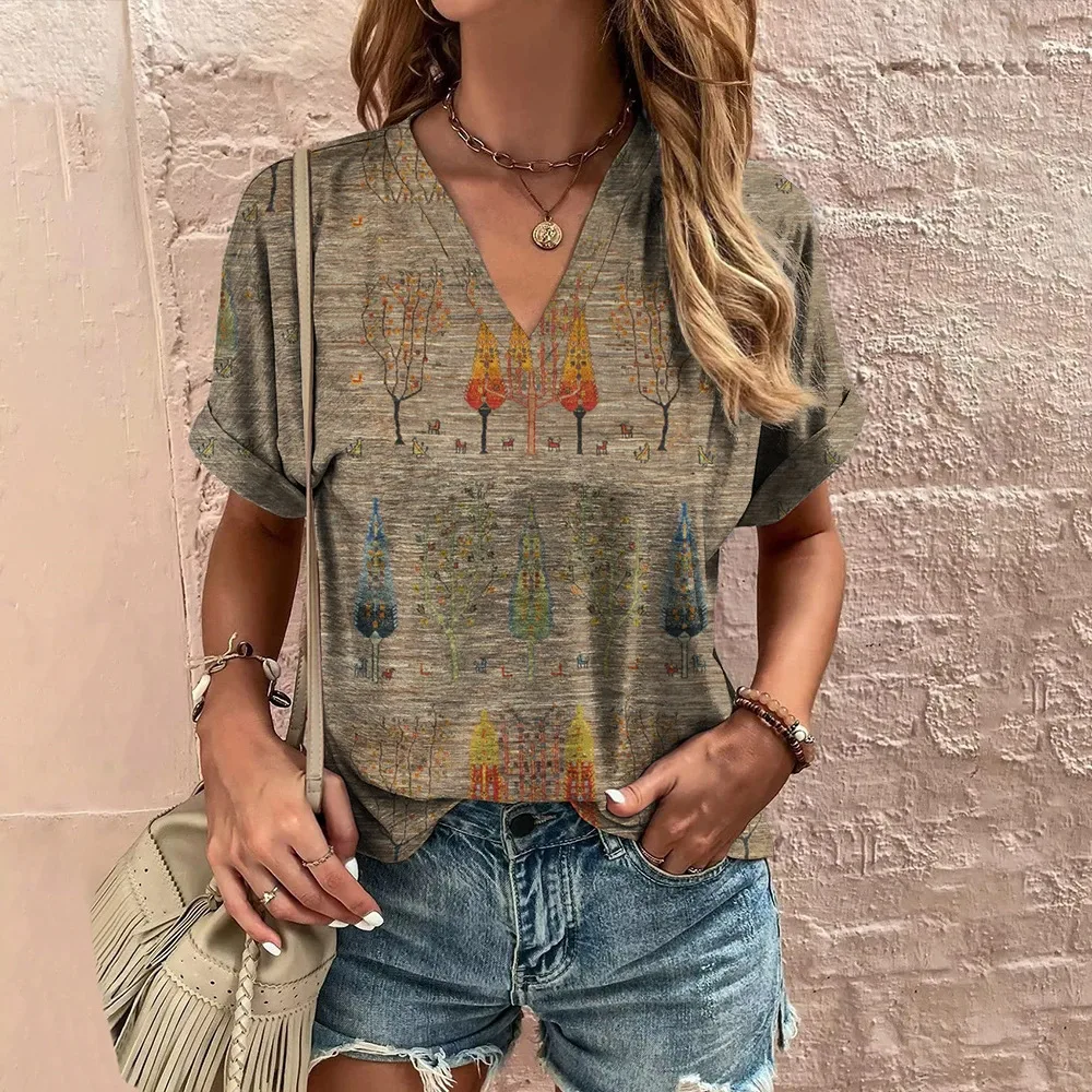 Female V-neck Casual Harajuku Striped Printed T-shirt - 3W 5Zd7T