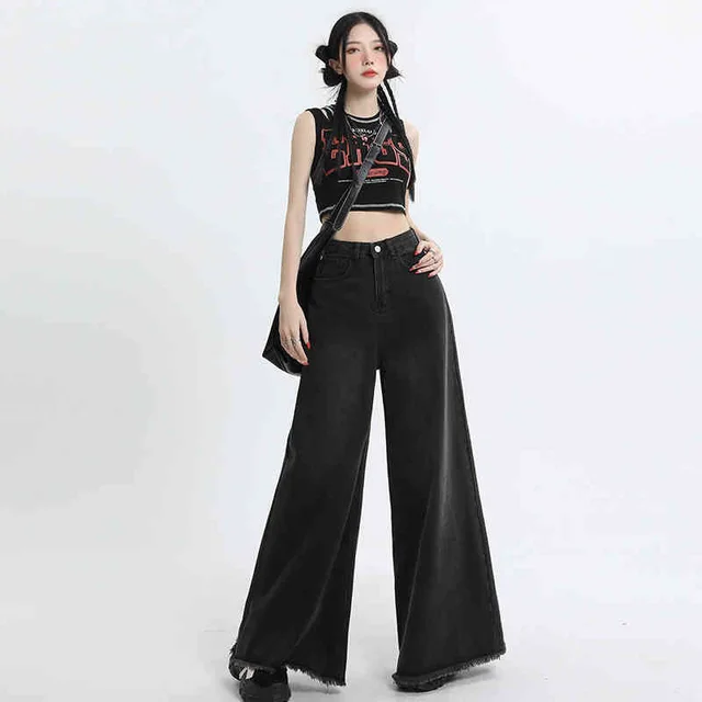 Black And Gray Rough edge Wide leg Shorts Mop Jeans Black Lengthened - Shop at LoveMi
