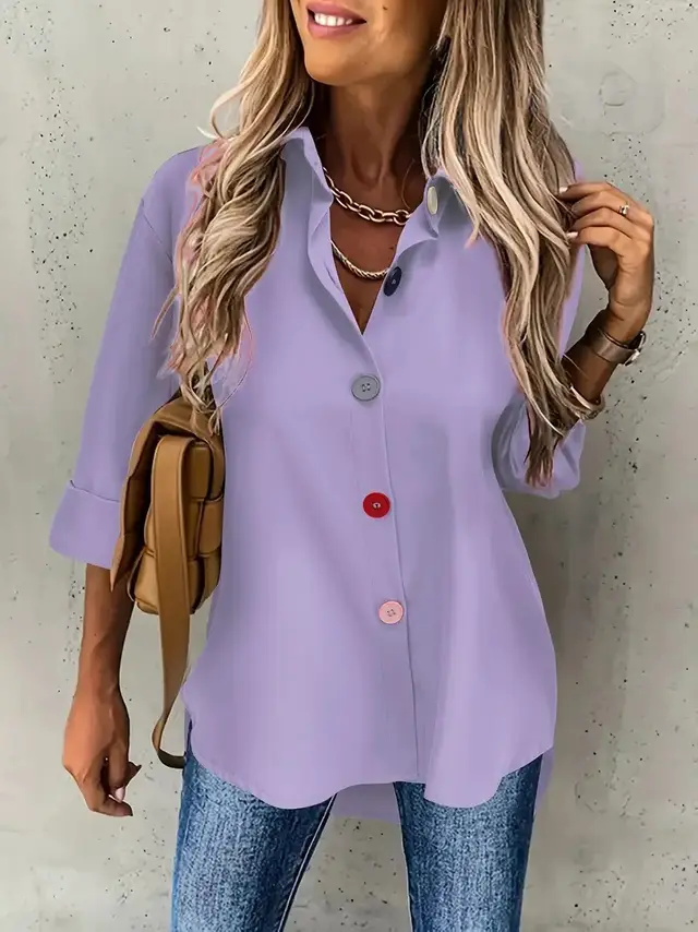 Casual Women's Solid Color Buttons Long Sleeve Shirt Top Purple - Shop at LoveMi