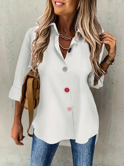 Casual Women's Solid Color Buttons Long Sleeve Shirt Top White - Shop at LoveMi