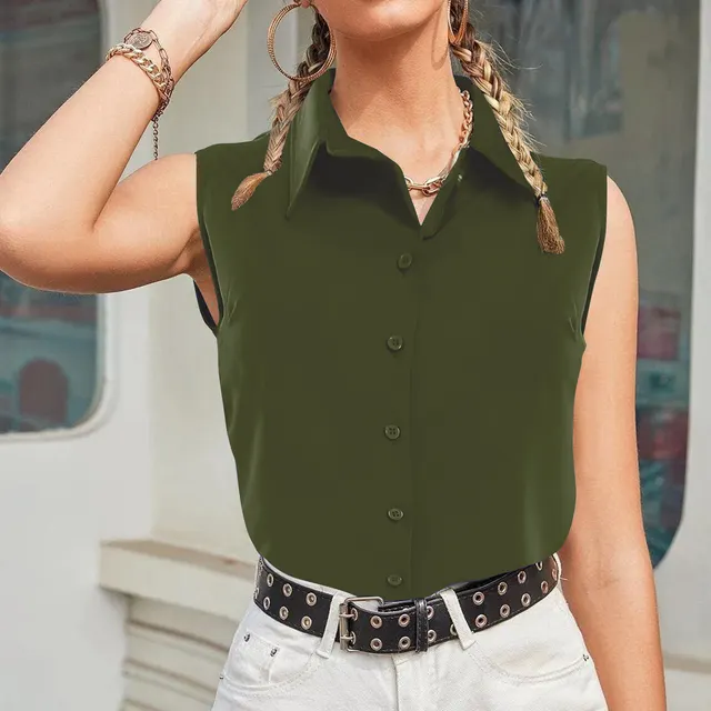 Solid Sleeveless Button Lapel Shirt Women's Top Army Green - Shop at LoveMi