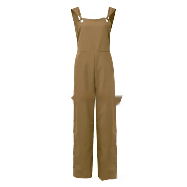 Women's Solid Color Sleeveless Side Pocket Casual Wide Leg Side Buckle Jumpsuit Khaki - Shop at LoveMi