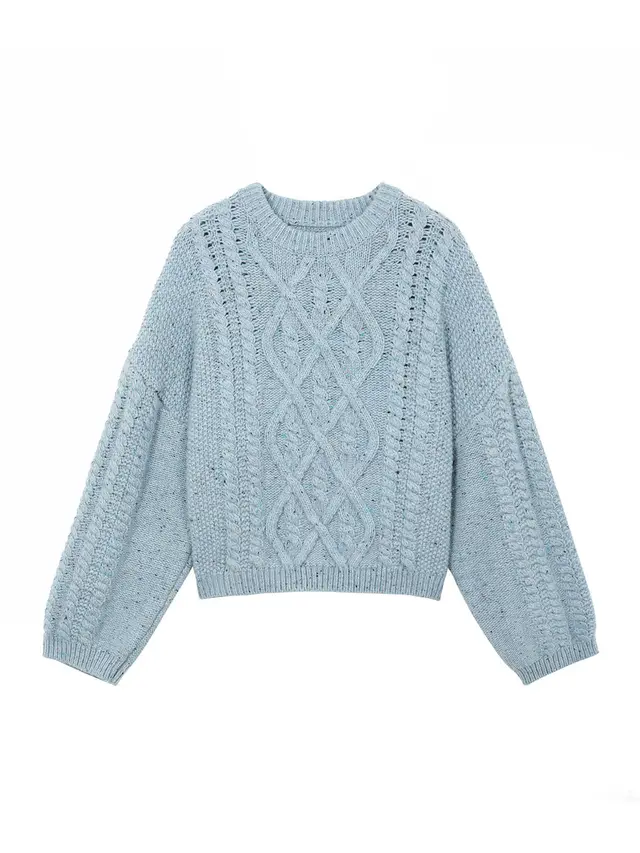 Blue Twist Round Neck Sweater Loose Inner Wear Knitted Top Blue - Shop at LoveMi
