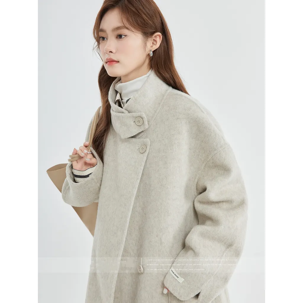 Stand Collar Loose Woolen Female Reversible Cashmere Coat - Oatmeal Colour