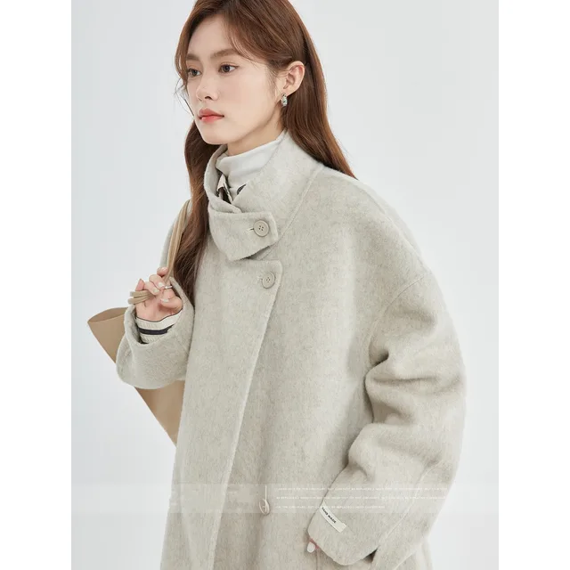 Stand Collar Loose Woolen Female Reversible Cashmere Coat Oatmeal Color - Shop at LoveMi