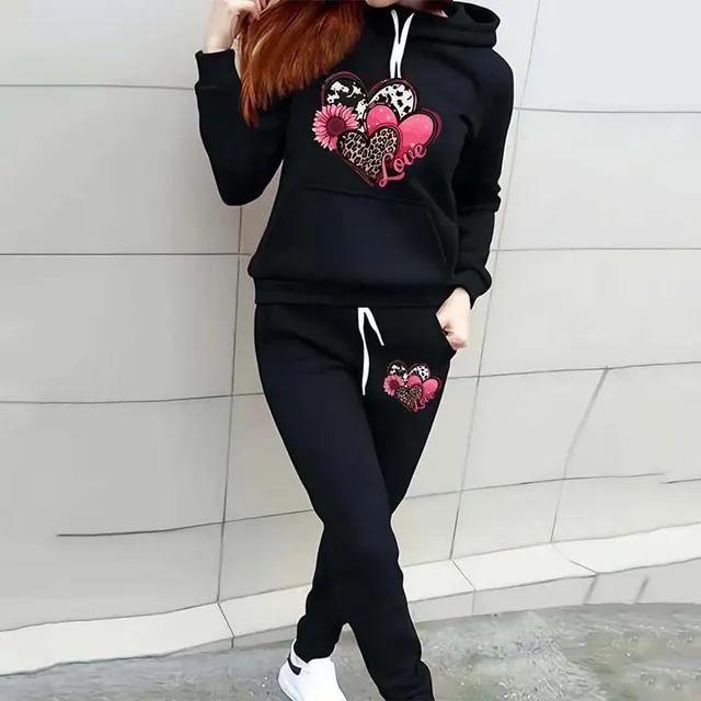 Leopard Print Heart Print Women's Casual Sports Suit Hooded Sweater Black - Shop at LoveMi