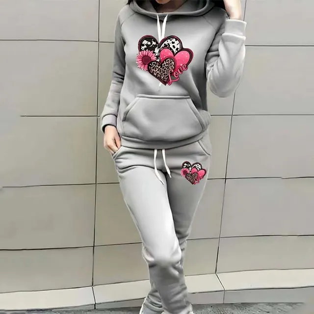 Leopard Print Heart Print Women's Casual Sports Suit Hooded Sweater Light Gray - Shop at LoveMi