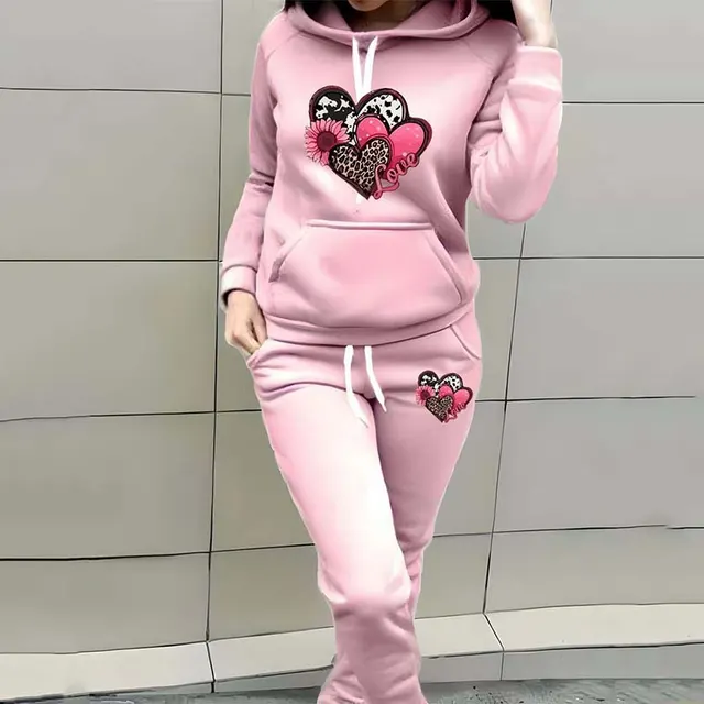 Leopard Print Heart Print Women's Casual Sports Suit Hooded Sweater Pink - Shop at LoveMi