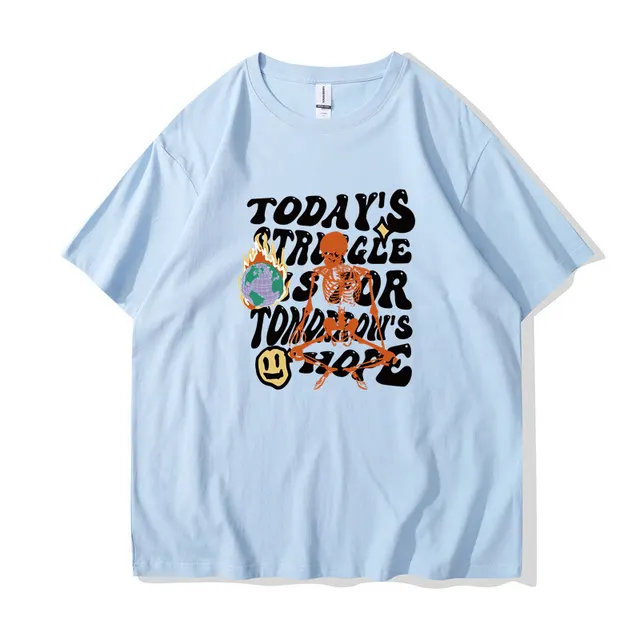Summer Men's And Women's Casual Cotton like Top Letter Printing Light Blue And Black - Shop at LoveMi
