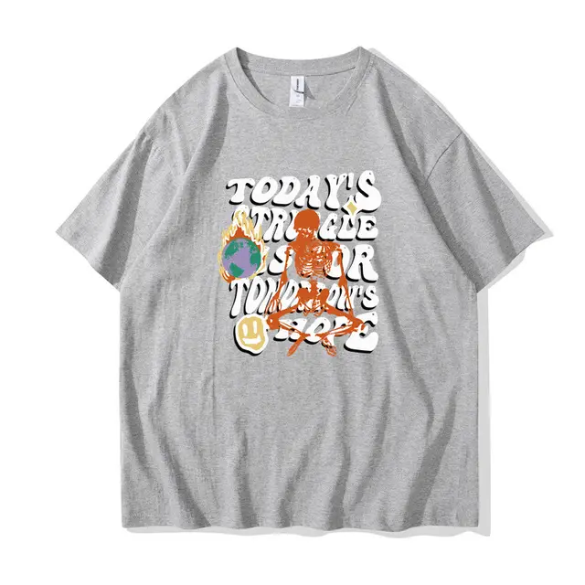 Summer Men's And Women's Casual Cotton like Top Letter Printing Light Gray Ten White - Shop at LoveMi
