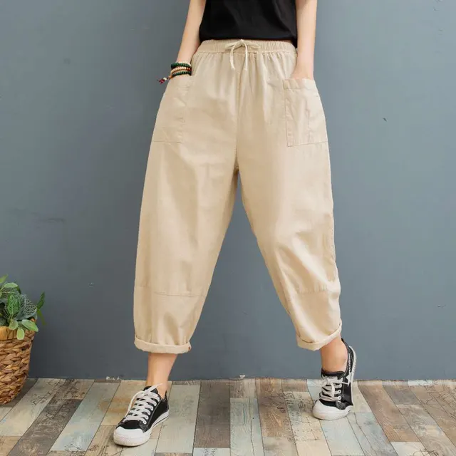 Cropped Pants Printed Plus Size Female Summer Cotton Linen Harem Pants Loose Casual Women's Pants Beige - Shop at LoveMi