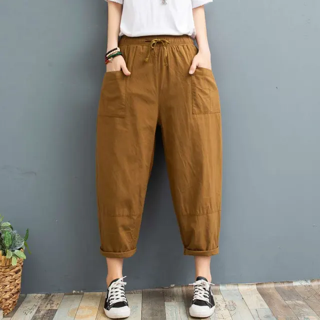 Cropped Pants Printed Plus Size Female Summer Cotton Linen Harem Pants Loose Casual Women's Pants Brown - Shop at LoveMi