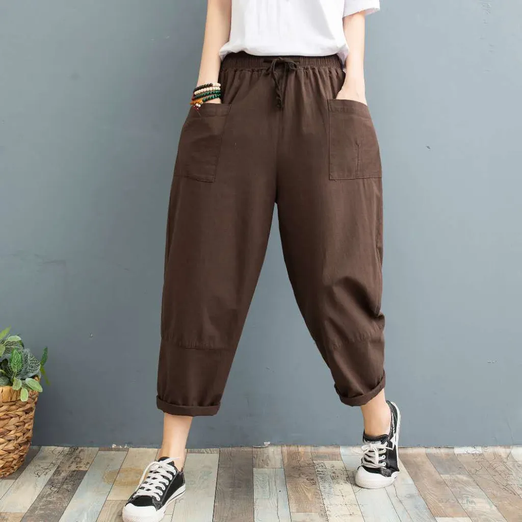 Cropped Pants Printed Plus Size Female Summer Cotton Linen Harem Pants Loose Casual Women's Pants - Dark Coffee Color - View 1