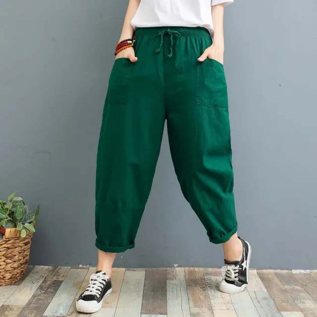 Cropped Pants Printed Plus Size Female Summer Cotton Linen Harem Pants Loose Casual Women's Pants Dark Green - Shop at LoveMi