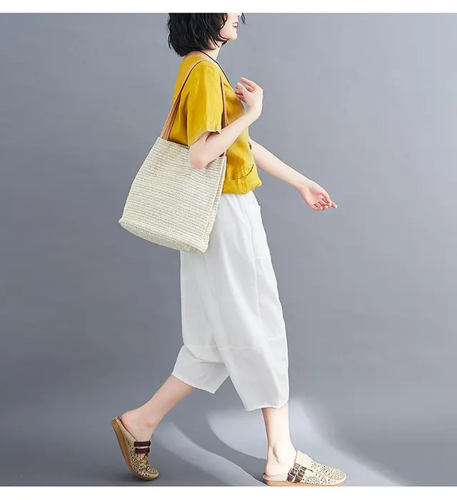 Cropped Pants Printed Plus Size Female Summer Cotton Linen Harem Pants Loose Casual Women's Pants White - Shop at LoveMi