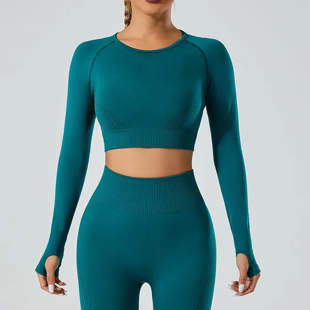 Sports Underwear Yoga Pants Yoga Jacket Seamless Suit Women Dark Green Long Sleeve - Shop at LoveMi