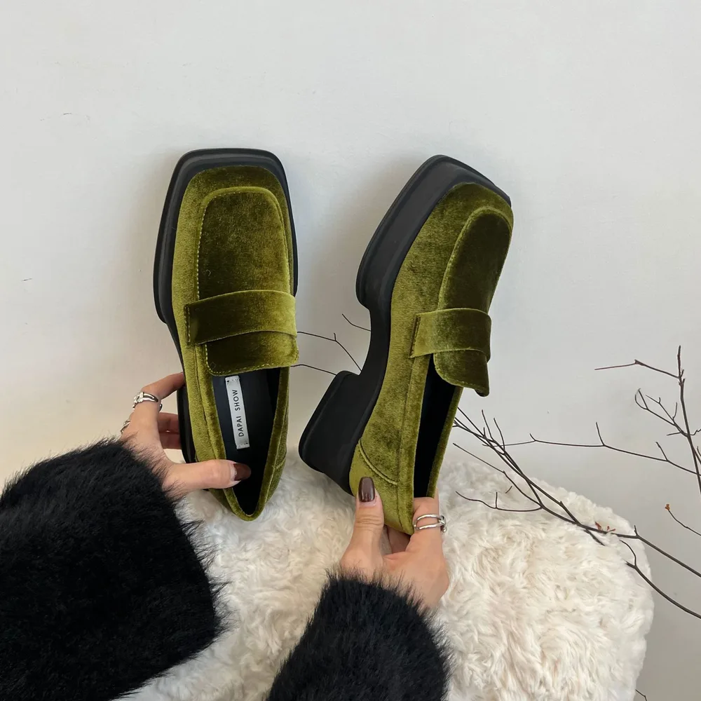 British Style Vintage Gold Velvet Chunky Heel Platform Loafers Women Green - Shop at LoveMi