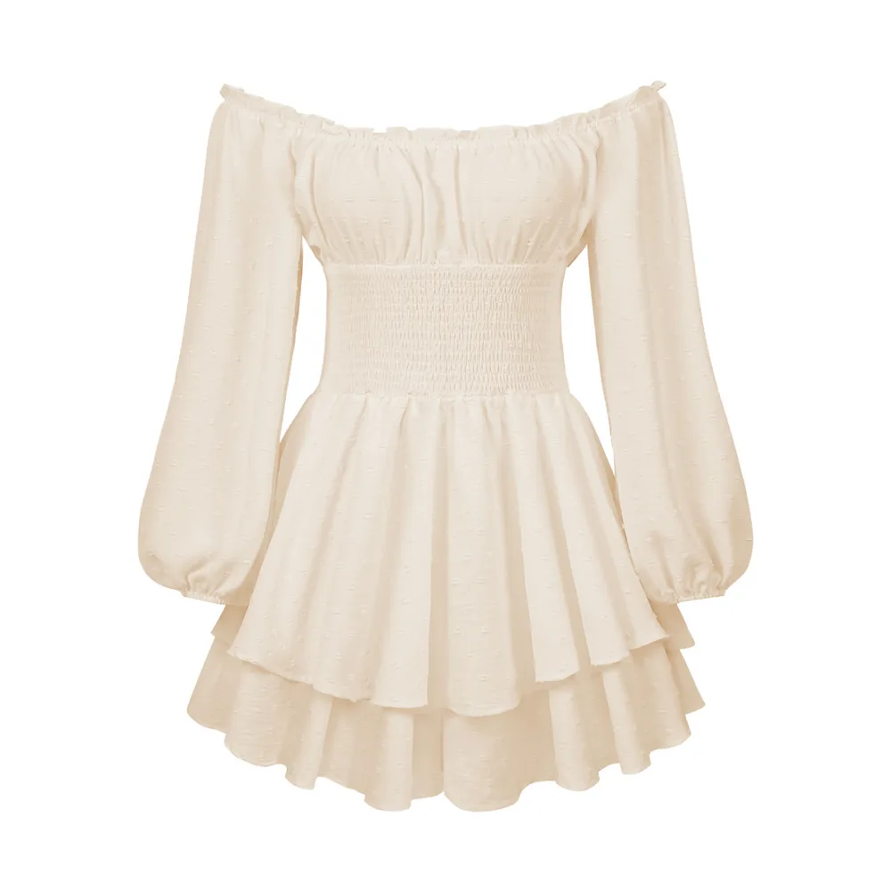 Fashion Solid Color Off neck Pleated Ruffled Stitching Long Sleeve Casual Jumpsuit Apricot - Shop at LoveMi