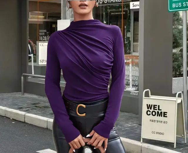 Solid Color Slim Fit Long Sleeves Top Purple - Shop at LoveMi