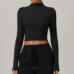 European And American Quick-drying Fitness Sports Long-sleeved Top High Collar Tight-fitting - Black