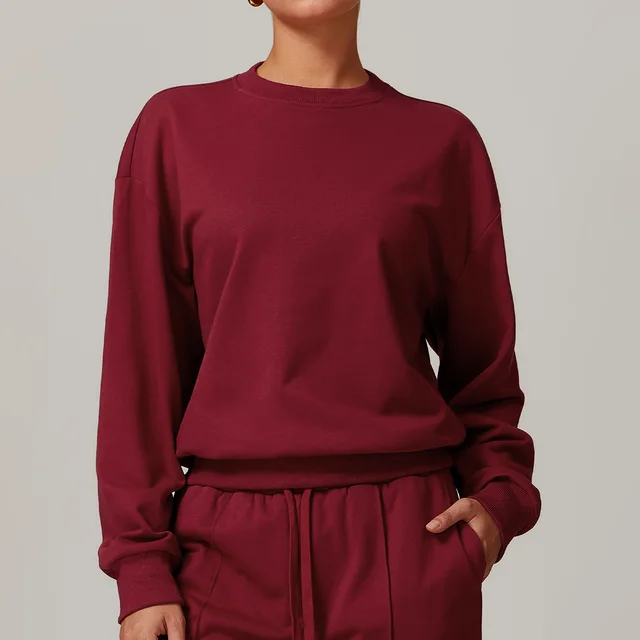 Knitted Round Neck Sports Sweater Outer Wear Casual Cherry Red - Shop at LoveMi