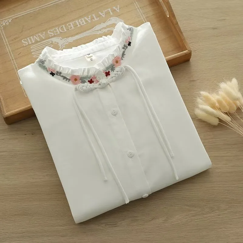 Ethnic Style Embroidered Button Sleeve Shirt Flower Color - Shop at LoveMi