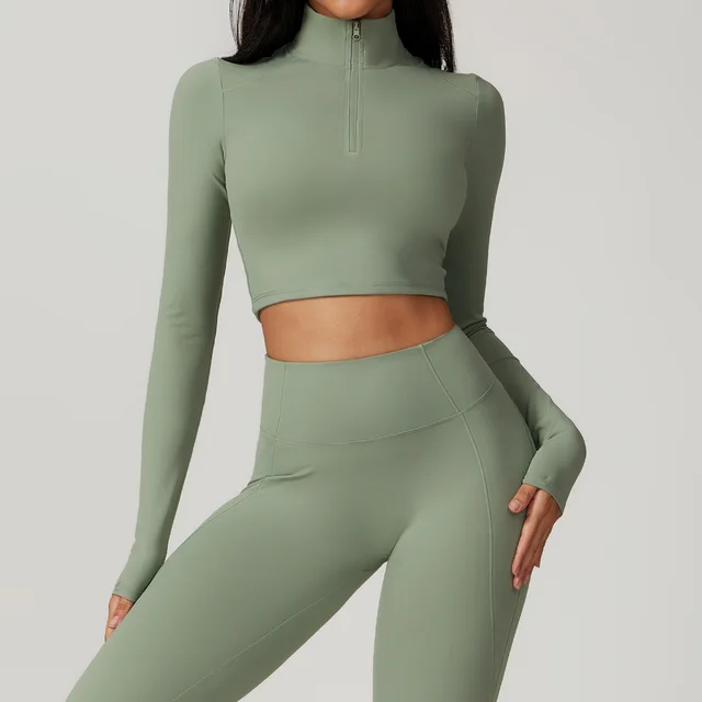 Zipper Tight Long Sleeve Yoga Wear Basil Green - Shop at LoveMi