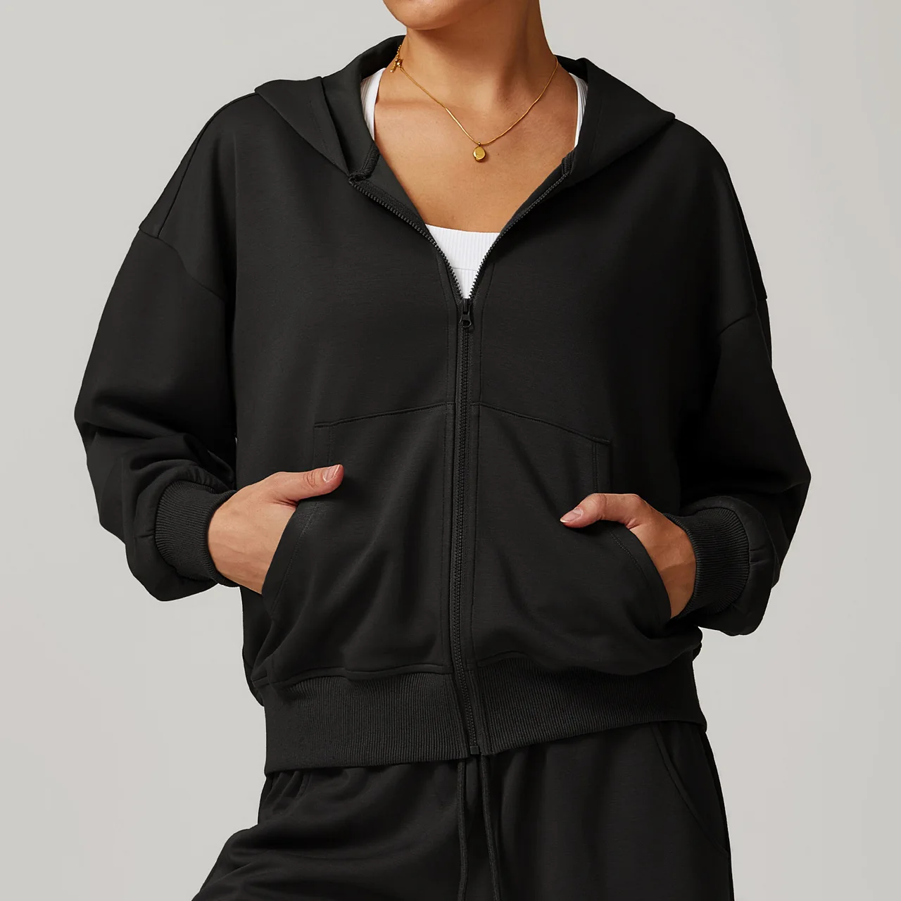 Solid Color Casual Fashion All-matching Exercise Hooded Coat - Advanced Black
