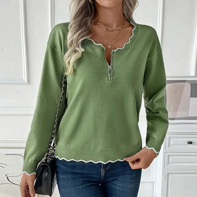 Crew Neck Casual Zipper Color contrasting Stripe Sweater Green - Shop at LoveMi