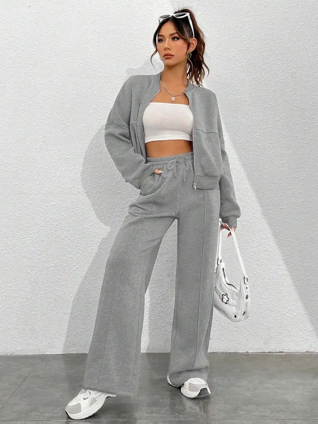 Casual Sports Suit Cardigan Sweater Wide Leg Sweatpants For Women Grey - Shop at LoveMi