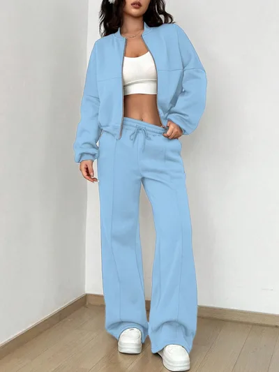 Casual Sports Suit Cardigan Sweater Wide Leg Sweatpants For Women Sky Blue - Shop at LoveMi
