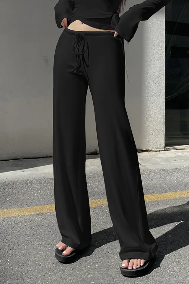 Women's Fleece lined Lace up Long Sleeve Top High Waist Black Pants - Shop at LoveMi