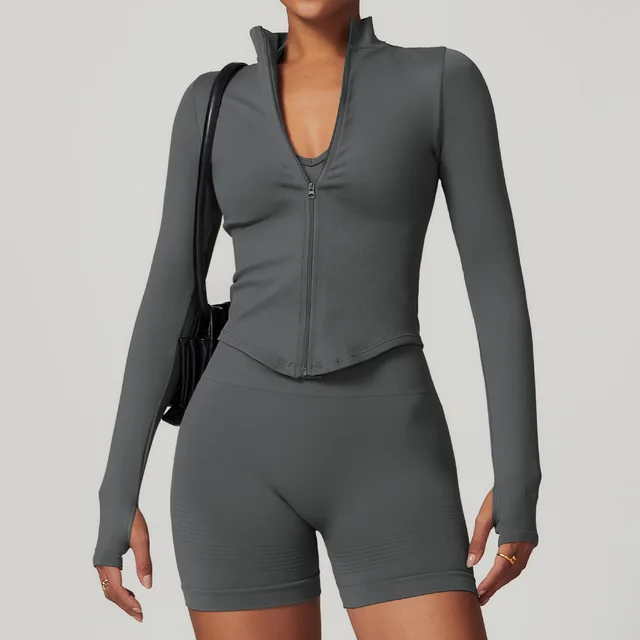 Stand Collar Long sleeve Zipper Yoga Coat For Women Dark Gray - Shop at LoveMi