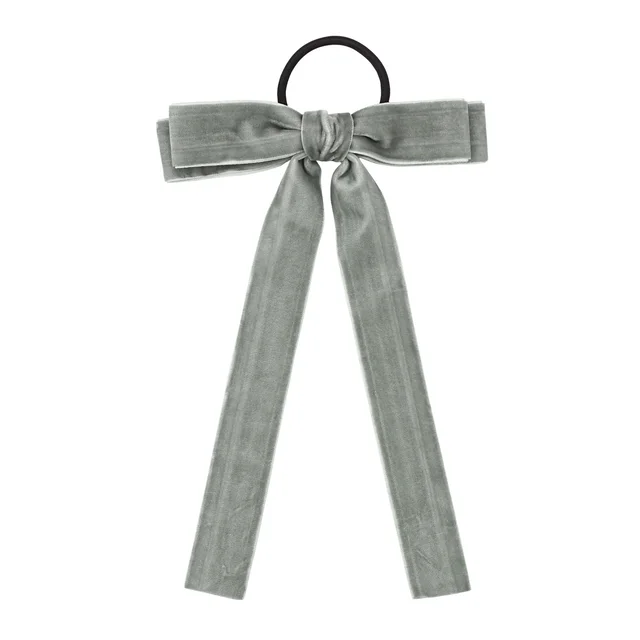 Velvet Bandeau Rubber Band Girl Bow Ribbon Horsetail Headwear Gray - Shop at LoveMi