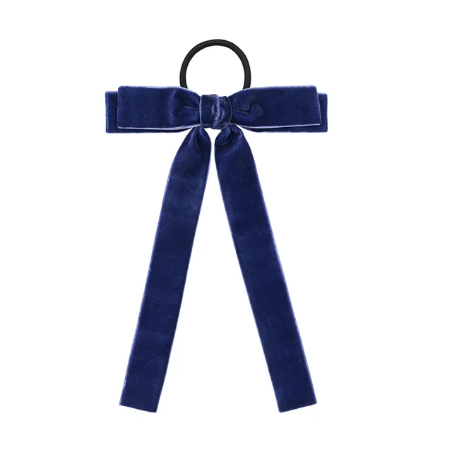 Velvet Bandeau Rubber Band Girl Bow Ribbon Horsetail Headwear Navy Blue - Shop at LoveMi