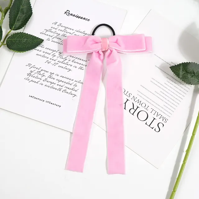 Velvet Bandeau Rubber Band Girl Bow Ribbon Horsetail Headwear Pink - Shop at LoveMi