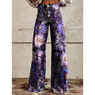 Fashion Women's Printed High Waist Loose Thin Imitation Denim Wide Leg Pants Style1 5Xl - Shop at LoveMi