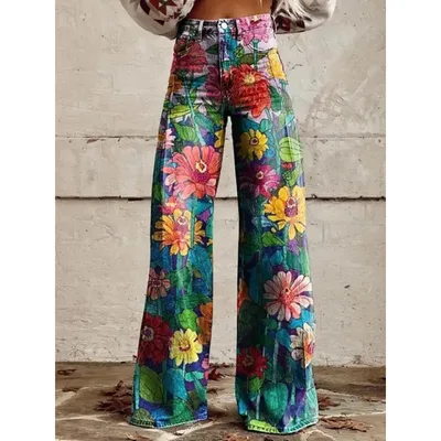 Fashion Women's Printed High Waist Loose Thin Imitation Denim Wide Leg Pants Style3 L - Shop at LoveMi