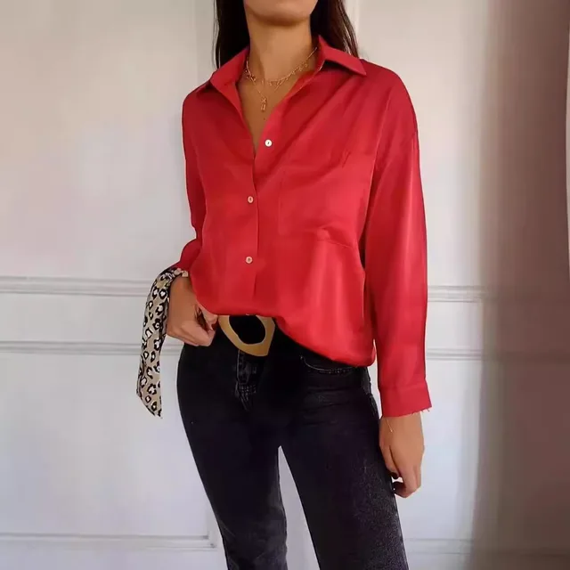 Women's Casual Long Sleeve Pocket Shirt Button Top Red - Shop at LoveMi