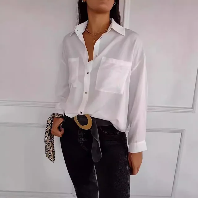 Women's Casual Long Sleeve Pocket Shirt Button Top White - Shop at LoveMi