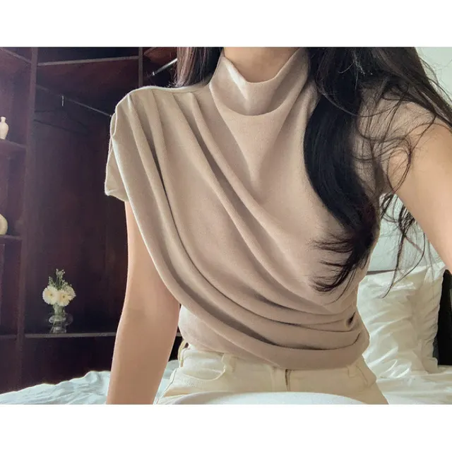 French Turtleneck Short Sleeve T shirt Women's Short Waist controlled Top Beige - Shop at LoveMi