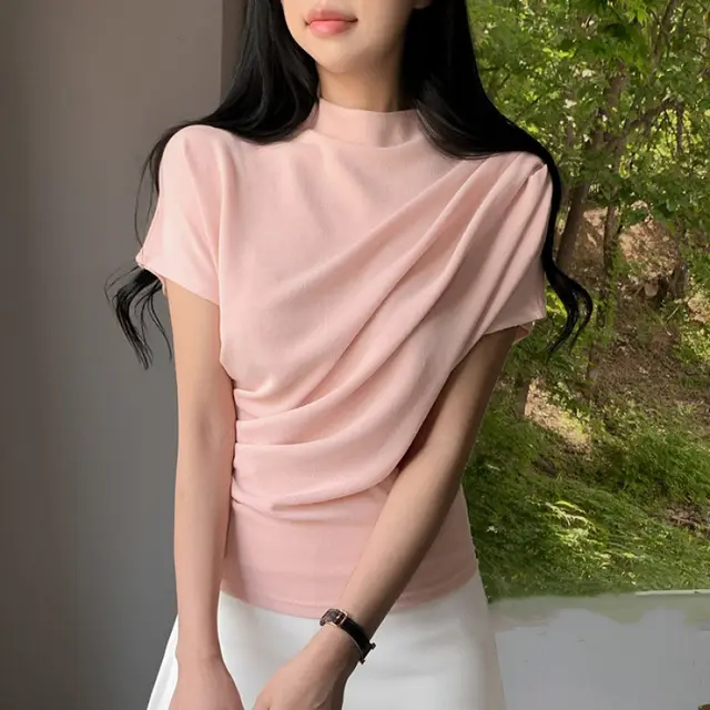 French Turtleneck Short Sleeve T shirt Women's Short Waist controlled Top Pink - Shop at LoveMi