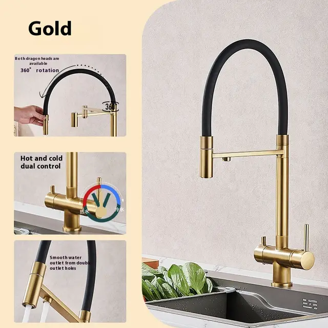 Kitchen Copper Pure Water Three in one Faucet Golden Copper Body - Shop at LoveMi