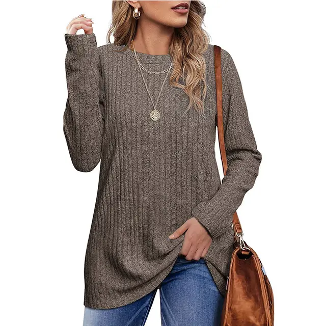 New Autumn And Winter Round Neck Brushed Sunken Stripe Solid Color Top Long Sleeve Women's T shirt Khaki - Shop at LoveMi