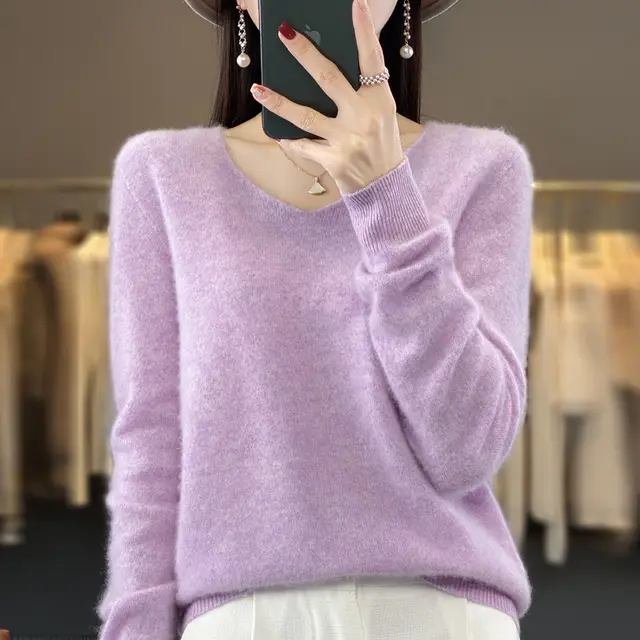 Women's Wool Sweater V neck Autumn And Winter New Solid Color Loose fitting Versatile Wool Loose Bottoming Shirt Light Purple - Shop at LoveMi