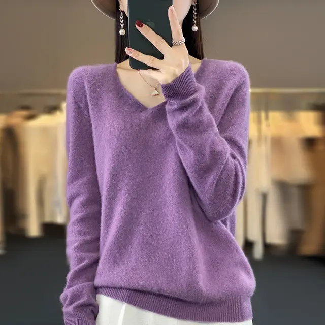 Women's Wool Sweater V neck Autumn And Winter New Solid Color Loose fitting Versatile Wool Loose Bottoming Shirt Purple - Shop at LoveMi