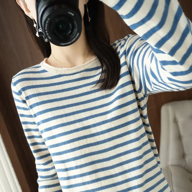 Women's Contrast Color Striped Curling With Round Neck Combed Cotton Sweater Sweater Simple Loose Youthful looking Bottoming Shirt Milan Color - Shop at LoveMi