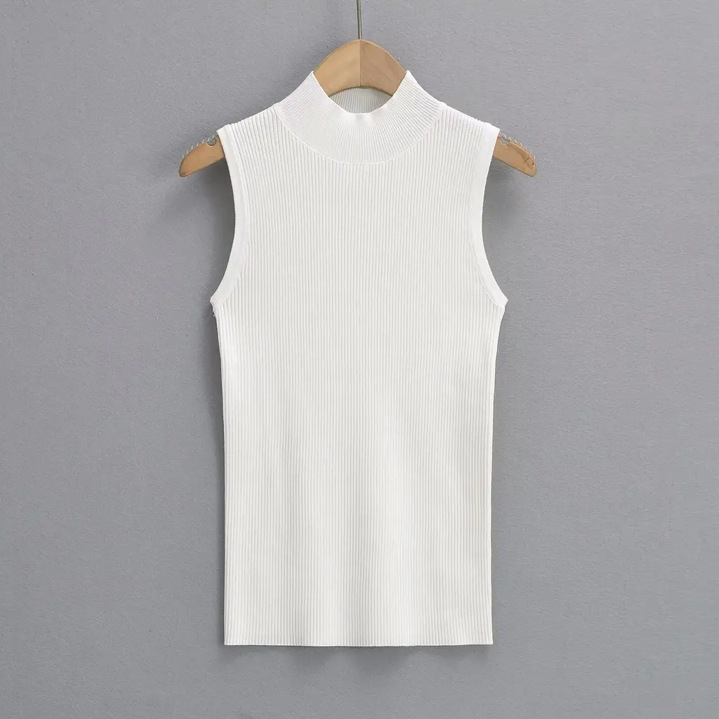 Niche Semi-high Collar Knitted Vest Sleeveless Tight Stretch Wool Bottoming Top - Beige