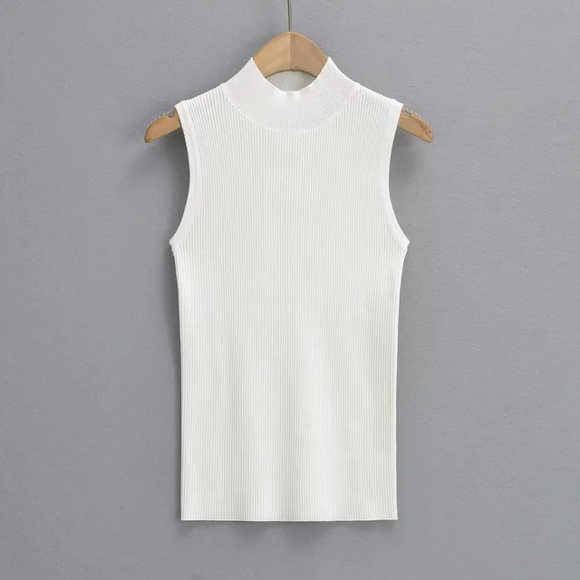 Niche Semi high Collar Knitted Vest Sleeveless Tight Stretch Wool Bottoming Top Beige - Shop at LoveMi