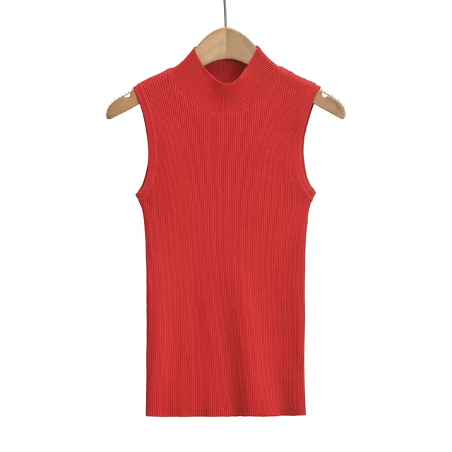 Niche Semi high Collar Knitted Vest Sleeveless Tight Stretch Wool Bottoming Top Red - Shop at LoveMi
